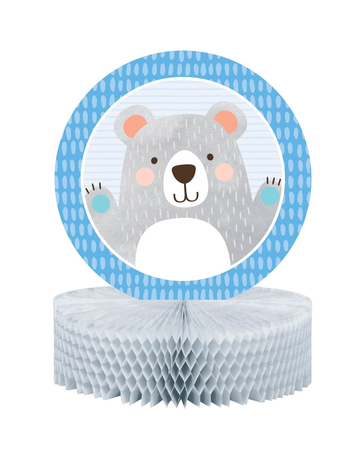 Hunajakennopaperinen pöytäkoriste pieni karhu baby showeriin harmaa ja sininen