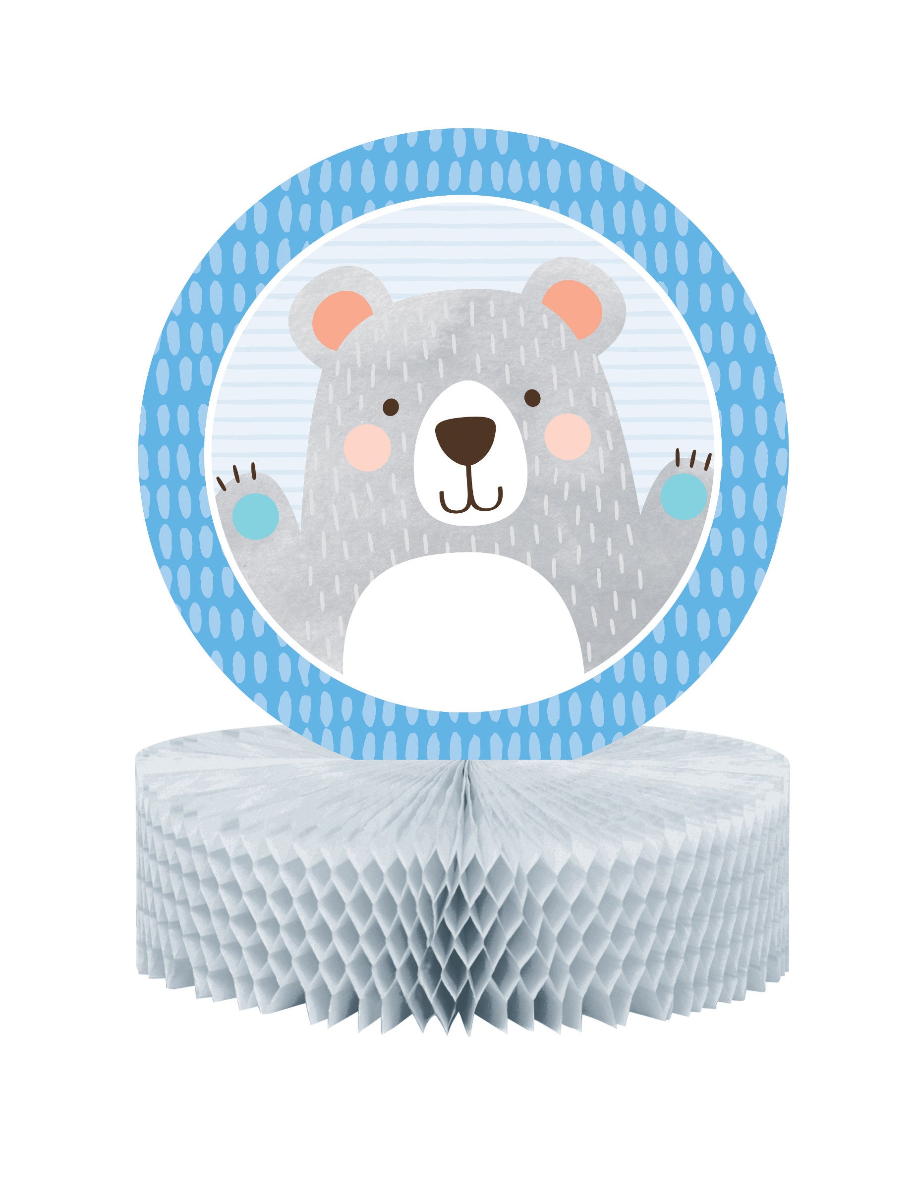 Centre de table en papier alvéolé petit ours pour baby shower gris et bleu