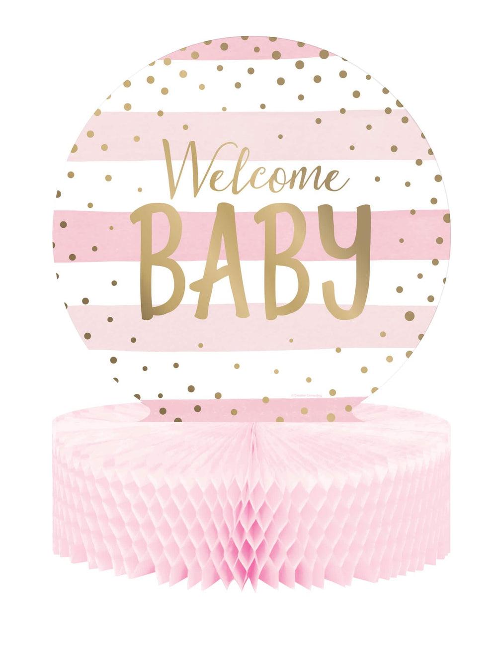 Hunajakennopaperinen pöytäkoriste Welcome Baby baby shower -tilaisuuteen, vaaleanpunainen ja valkoinen kultapilkkuinen