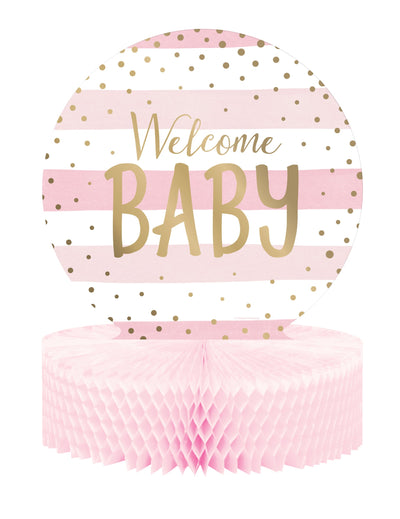 Centre de table en papier alvéolé Welcome Baby pour baby shower rose et blanc à pois dorés