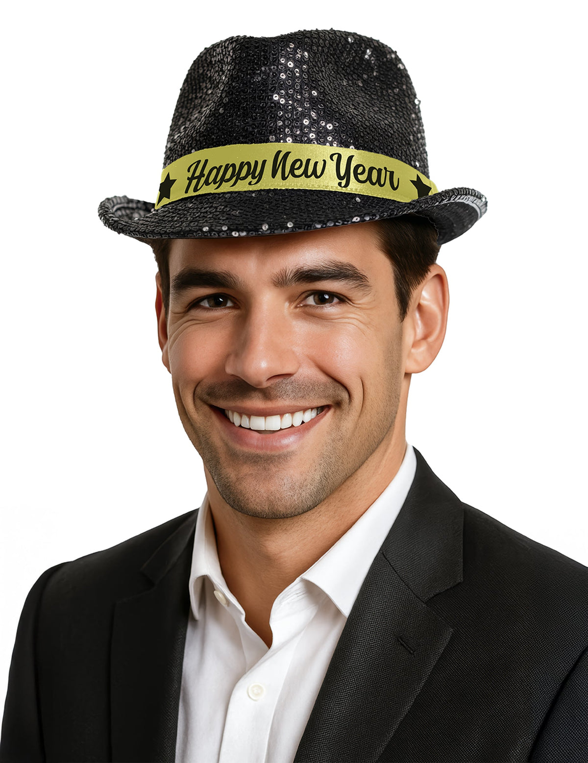 Chapeau à sequins Happy New Year pour adulte noir avec ruban doré