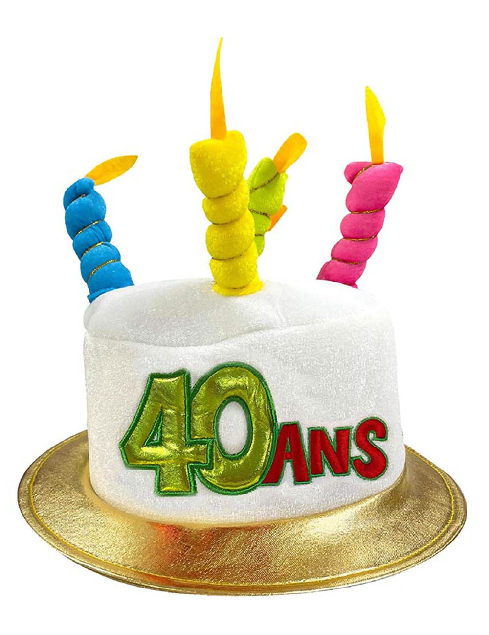 Synttärit 40 vuotta aikuiset valkoinen hattuna kakun muodossa värikkäillä kynttilät