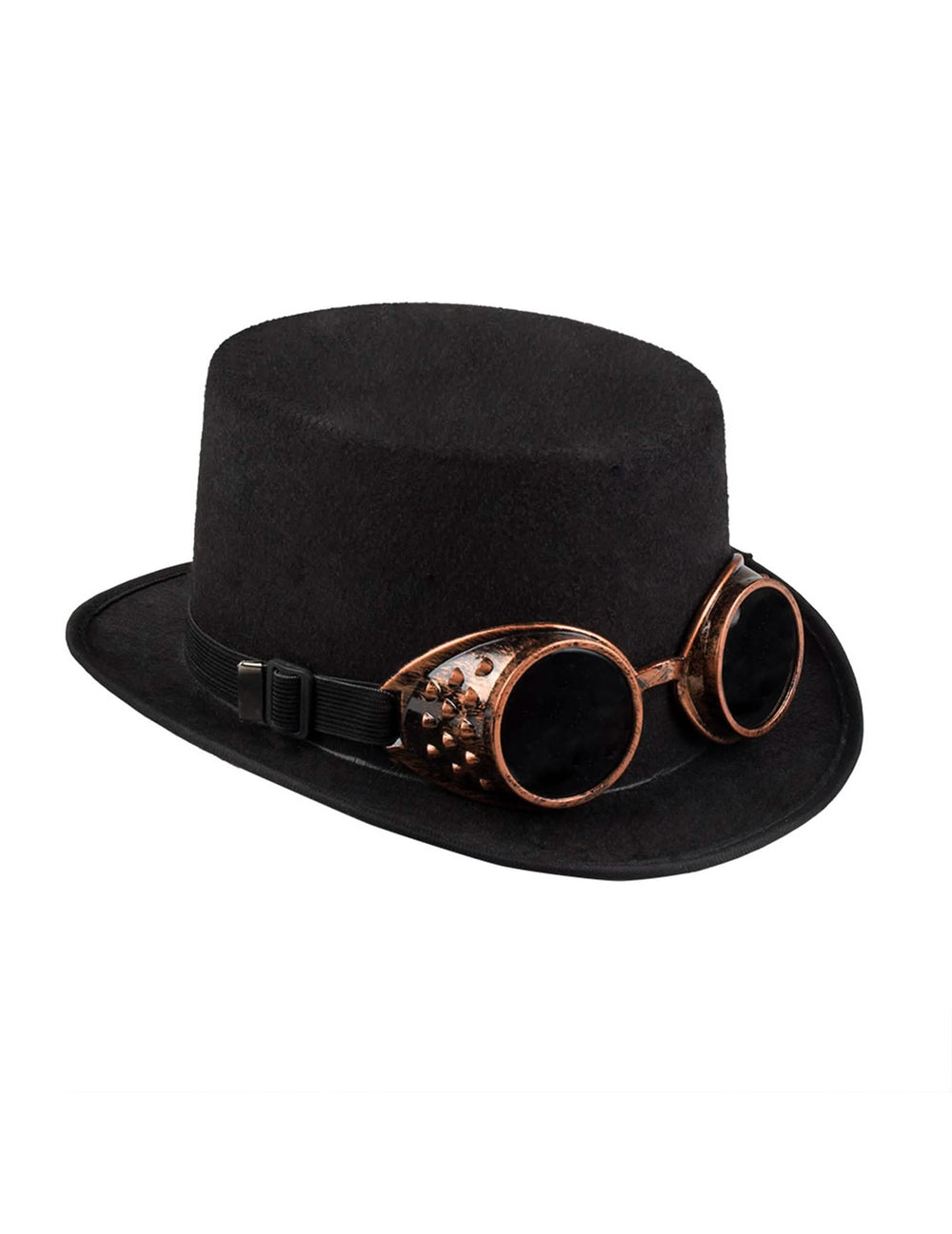 Kolmen neljänneksen näkymä hatusta, jossa on steampunk-silmälasit