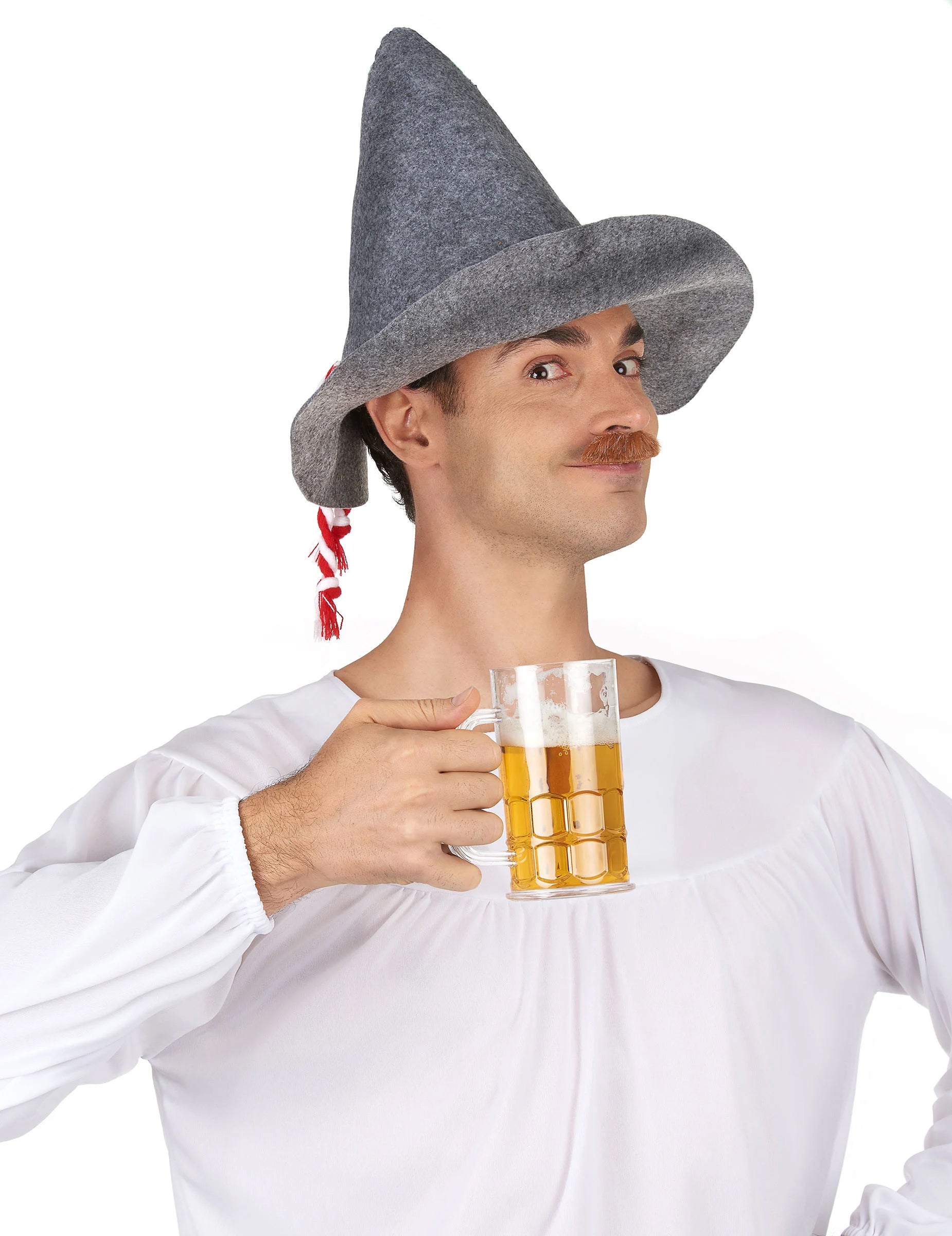 Chapeau bavarois pour adulte gris avec cordelette rouge et blanche