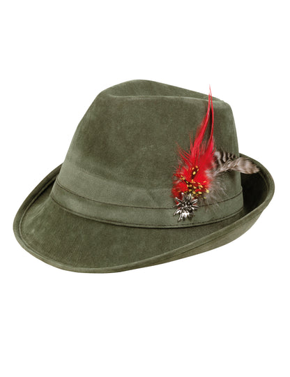 Vue de profil et détails des plumes du chapeau bavarois