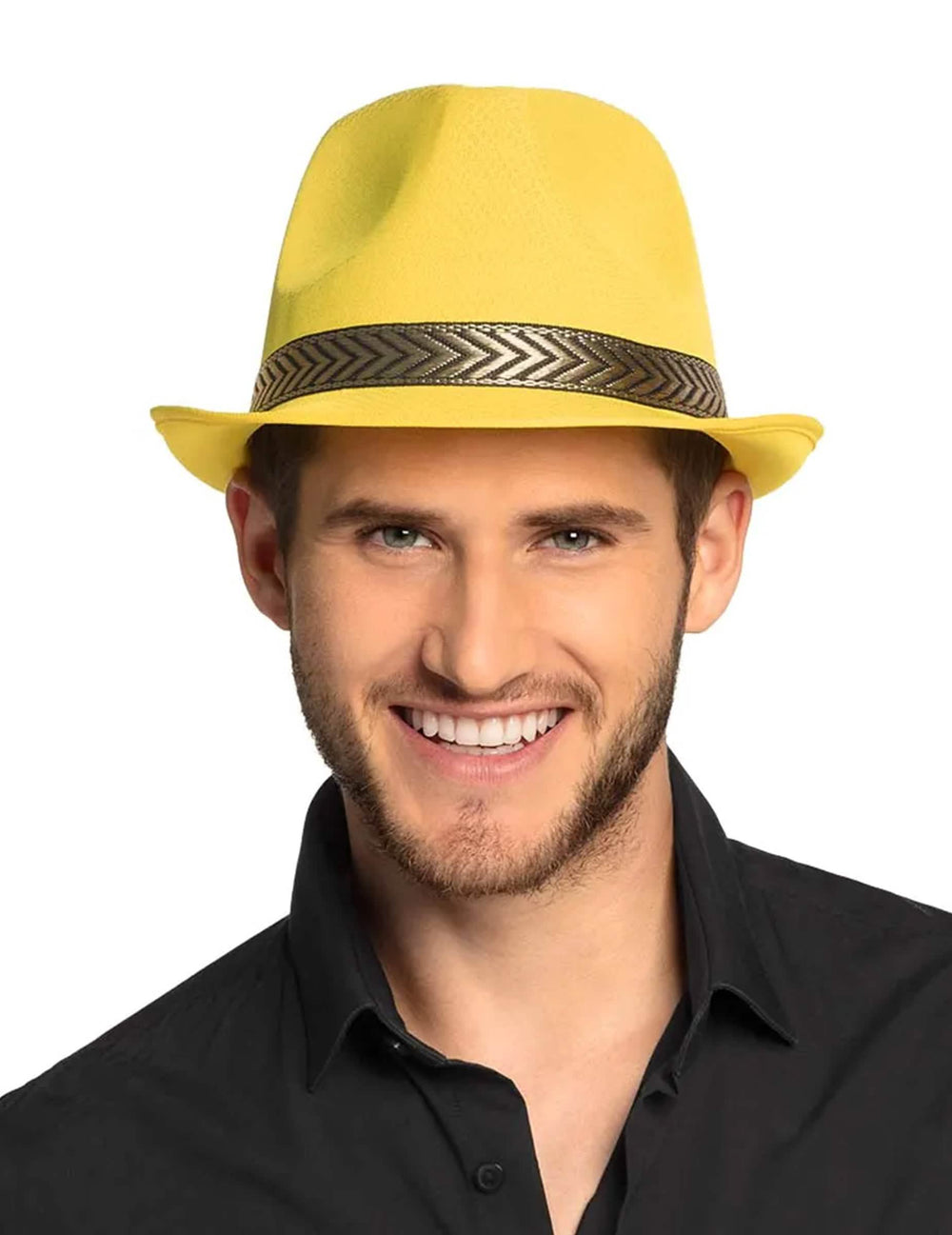 Hattu borsalino trilby aikuiset keltainen, jossa on chevron-kuvioinen nauha