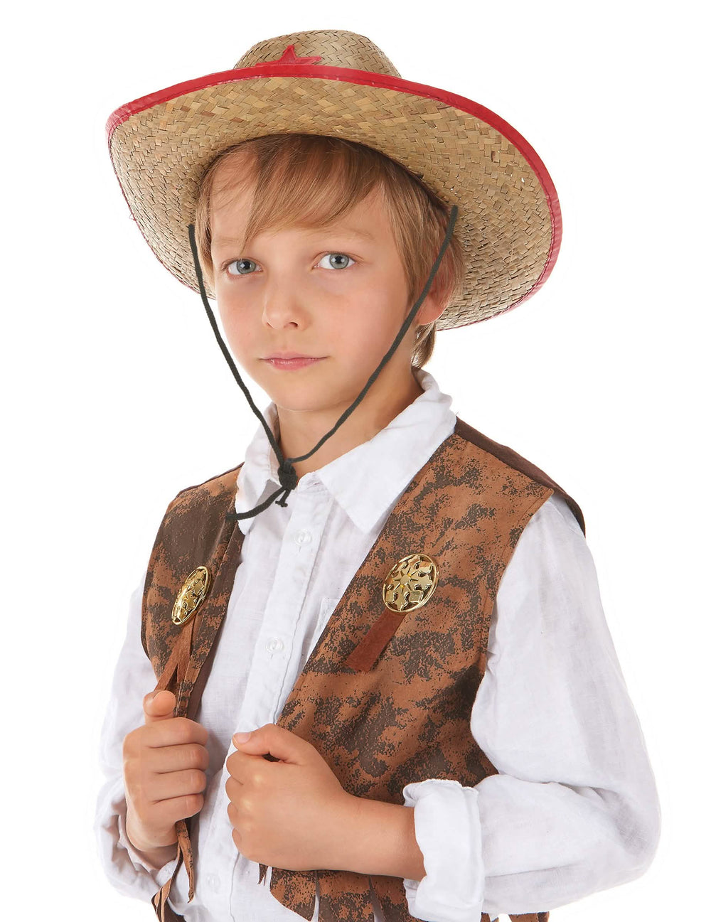lännen cowboy-hattu lapsille oljesta, jossa on punainen reuna ja tähti