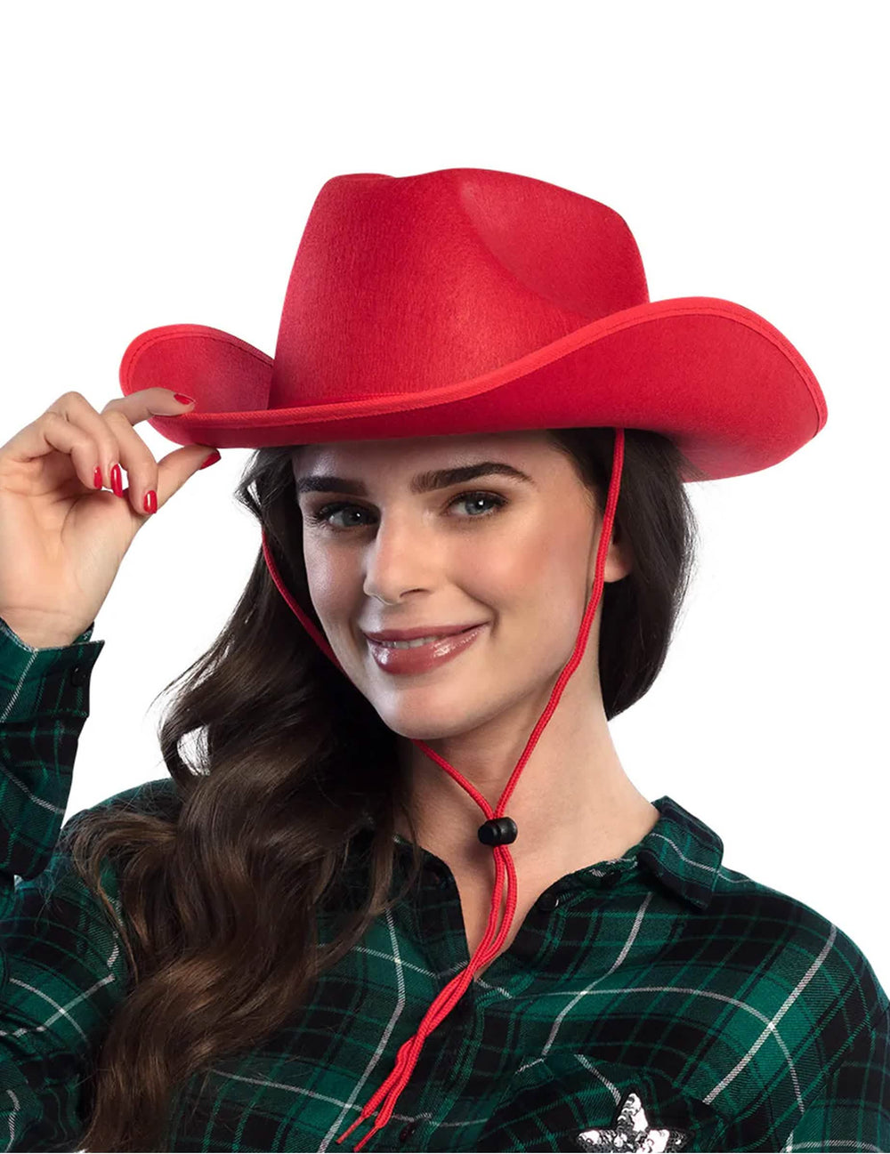 Aikuisten punainen cowboy-hattu kiristysnyörillä