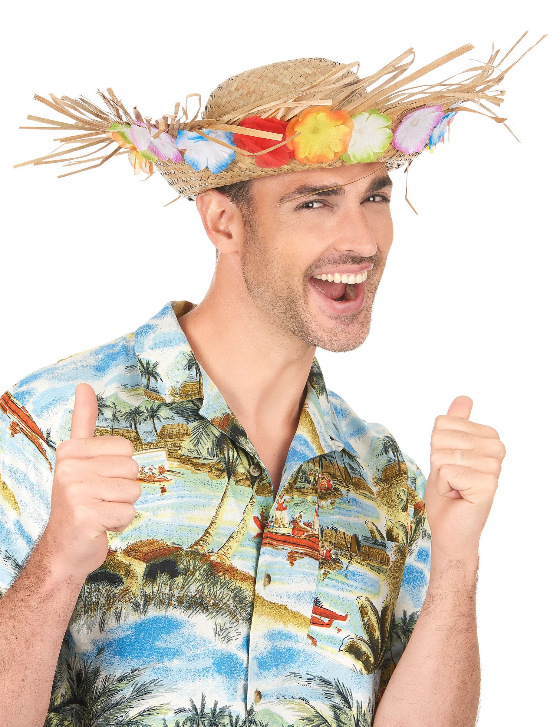 Chapeau de paille Hawaï pour adulte naturel avec fleurs multicolores