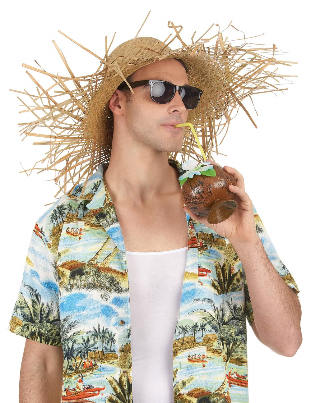 Havaijin olkihatun edestä nähtynä, asusteet mukana
