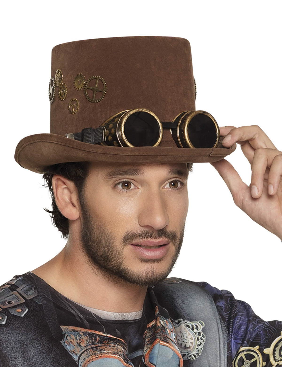 Chapeau haut de forme Steampunk pour adulte marron avec rouages et lunettes