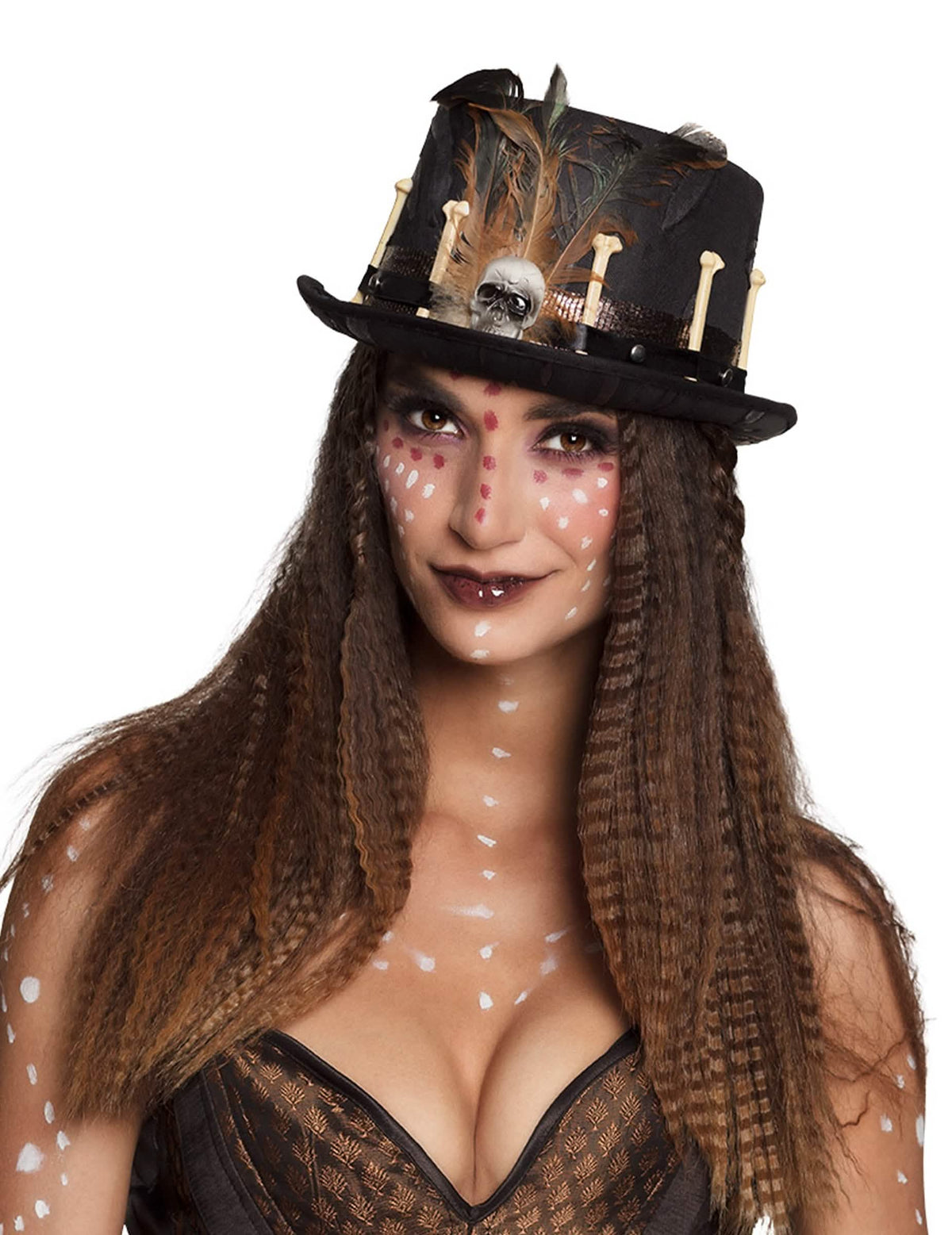 Chapeau haut de forme vaudou pour adulte noir avec plumes et ossements