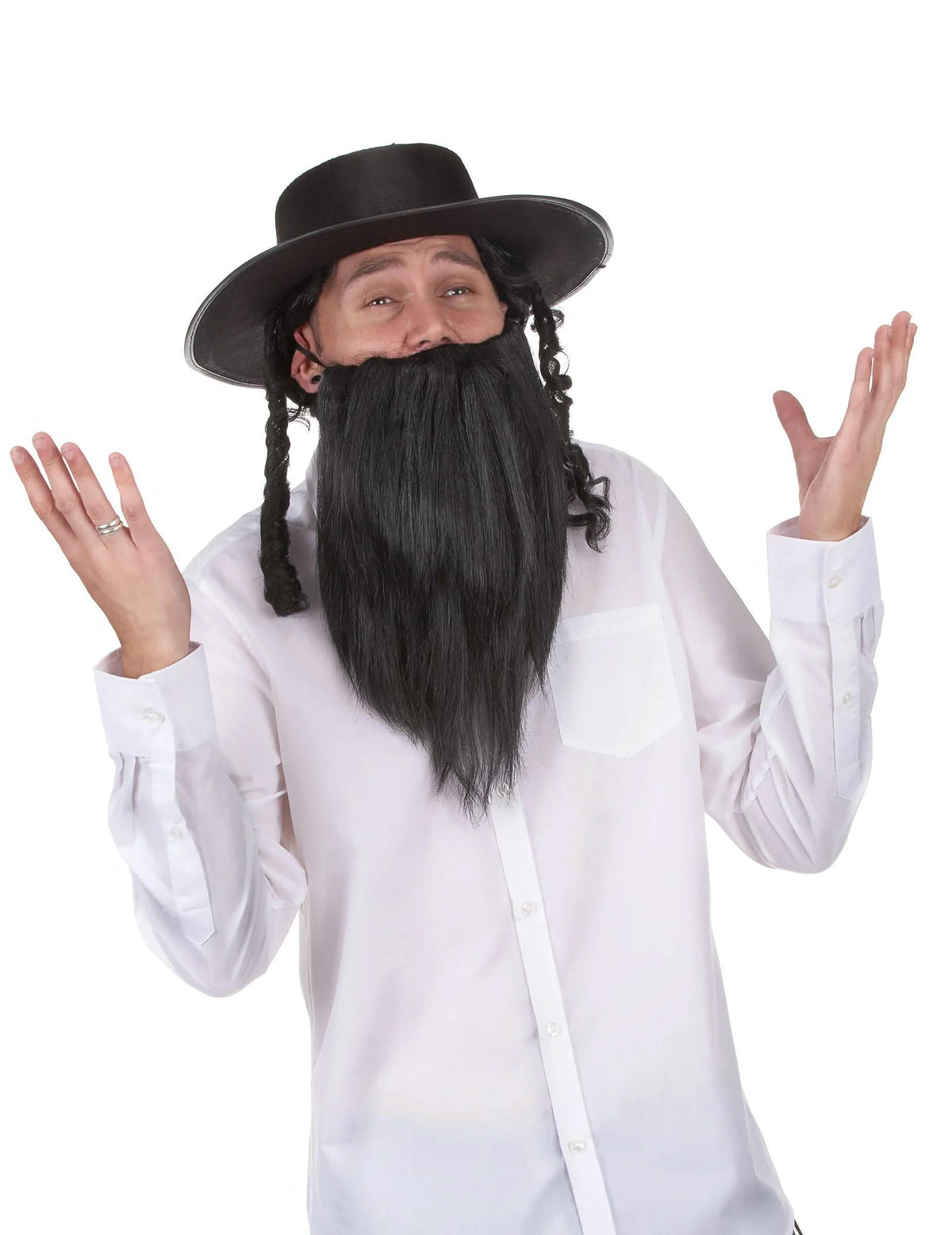 Chapeau de rabbi pour adulte noir avec papillotes et barbe