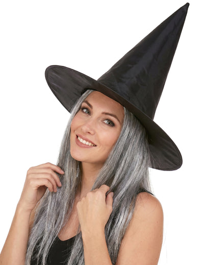 Chapeau sorcière noir avec cheveux gris adulte Halloween
