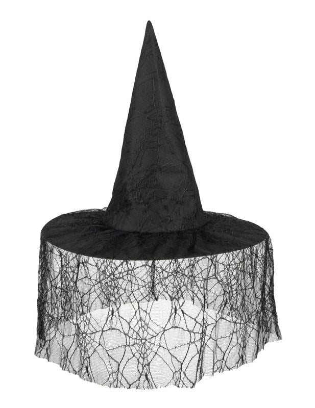 Vue de face du chapeau de sorcière pour femme noir avec voile araignée