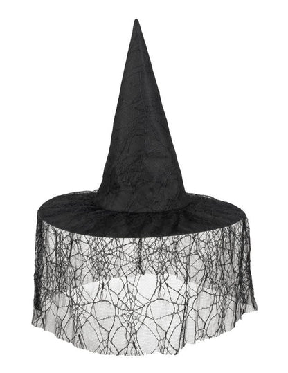 Vue de face du chapeau de sorcière pour femme noir avec voile araignée