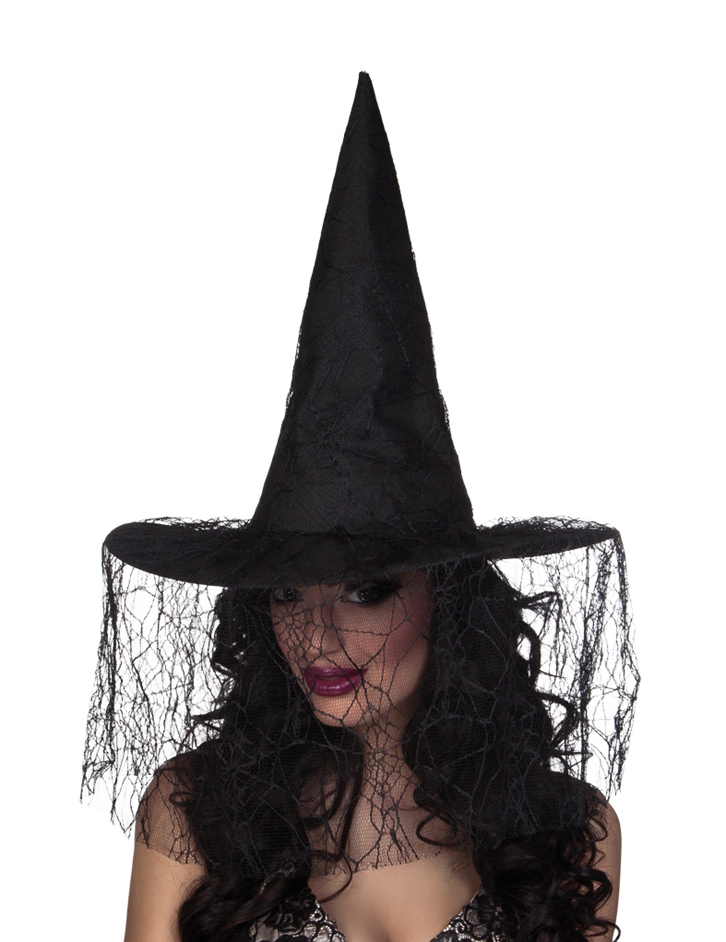 Chapeau de sorcière pour femme noir avec voile araignée