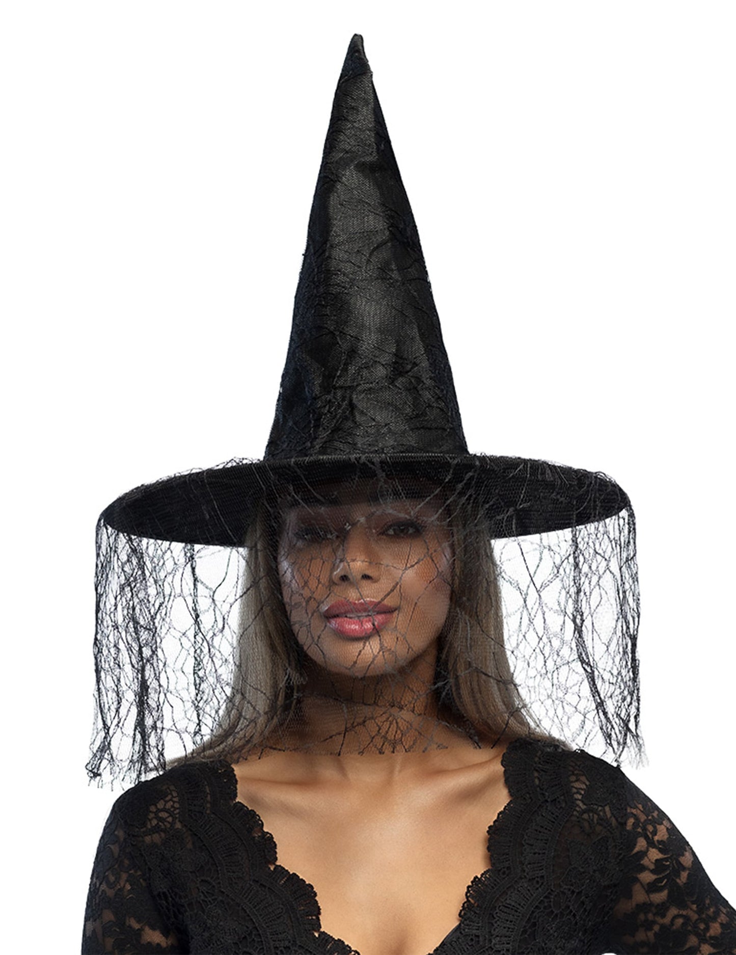 Détail du voile araignée du chapeau de sorcière pour femme noir