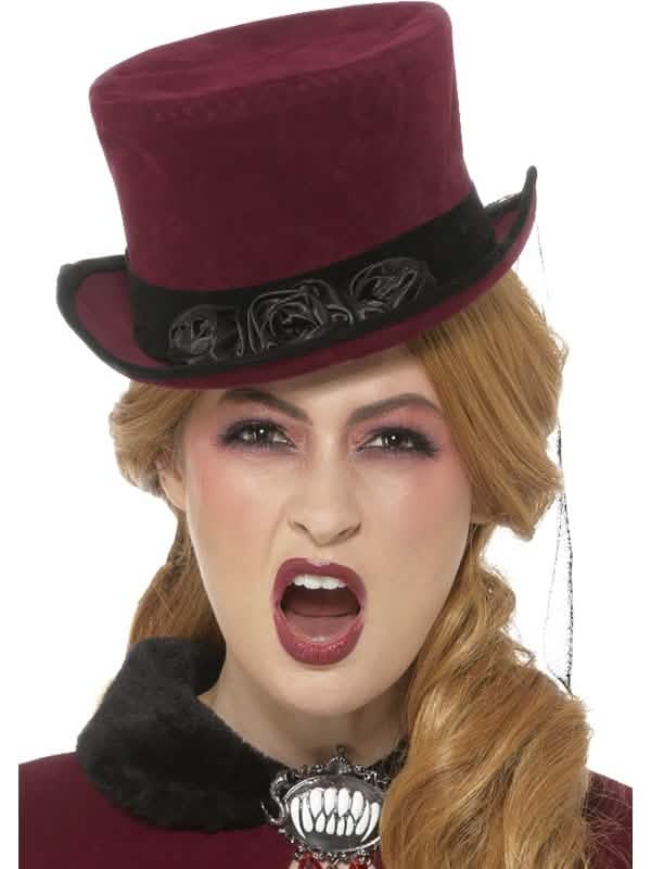 Chapeau de vampire victorienne pour femme bordeaux et noir avec roses