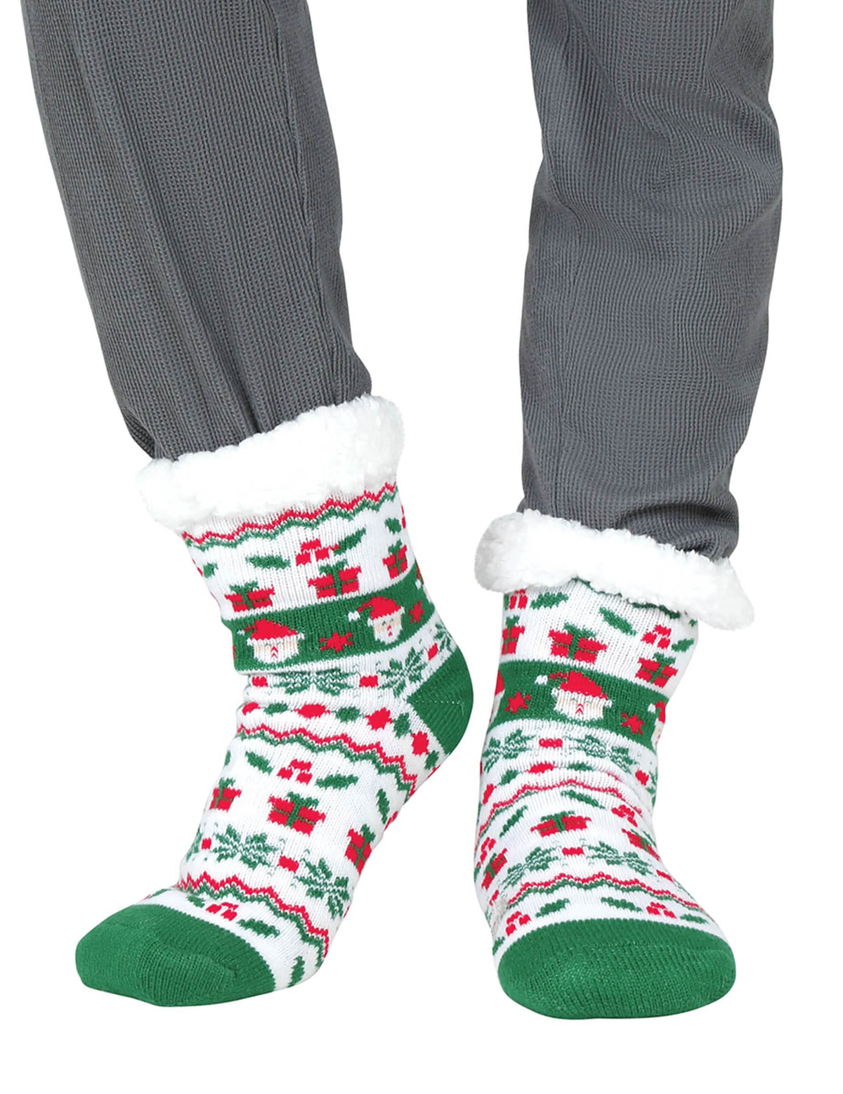 Chaussettes thermiques de Noël pour adulte blanches et vertes à motifs cadeaux et revers en moumoute blanche