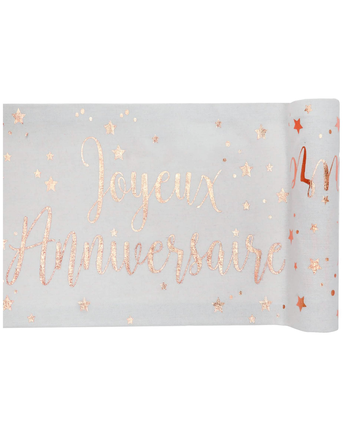 Puuvillainen pöytäjuoksija synttärit- juhliin ruusukulta, jossa on teksti Joyeux Anniversaire ja tähdet