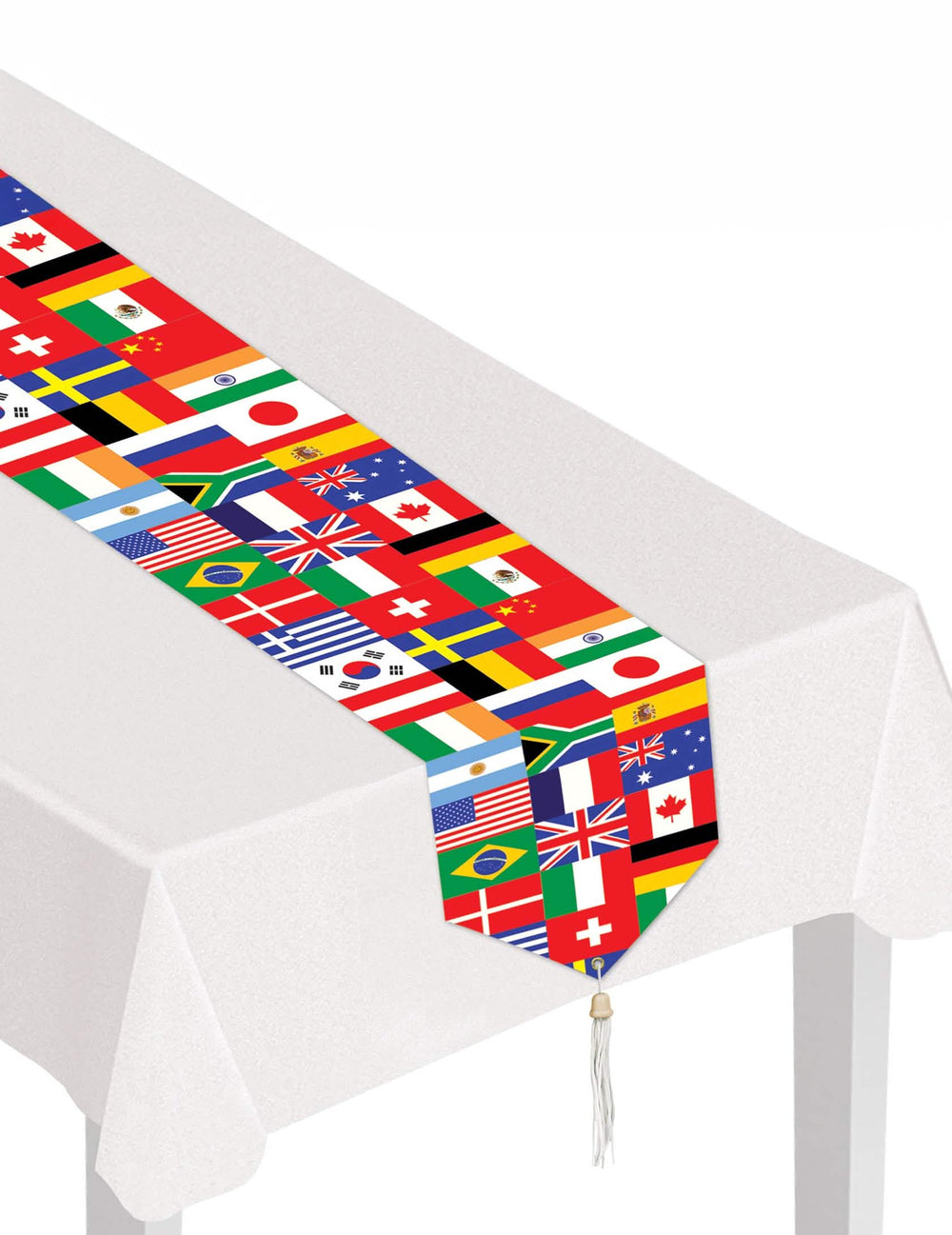 Chemin de table drapeaux pays du monde pour décoration multicolore avec pompon blanc