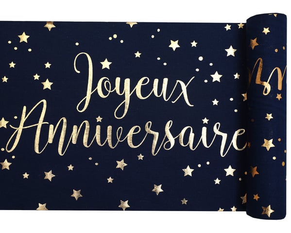 Chemin de table coton Joyeux anniversaire bleu marine et or avec étoiles