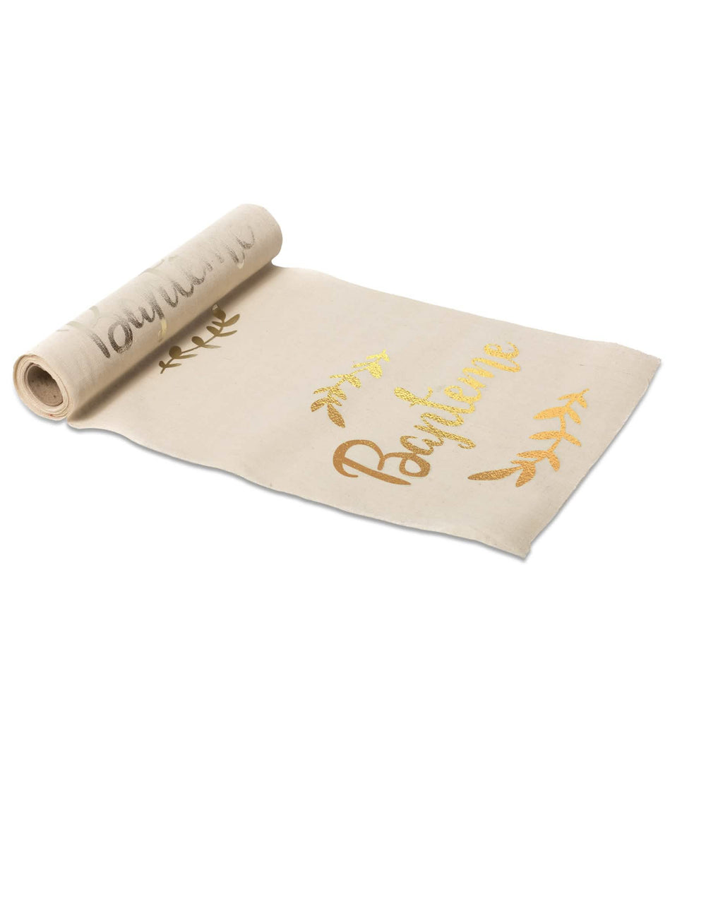 Chemin de table baptême en lin naturel champagne avec lauriers dorés
