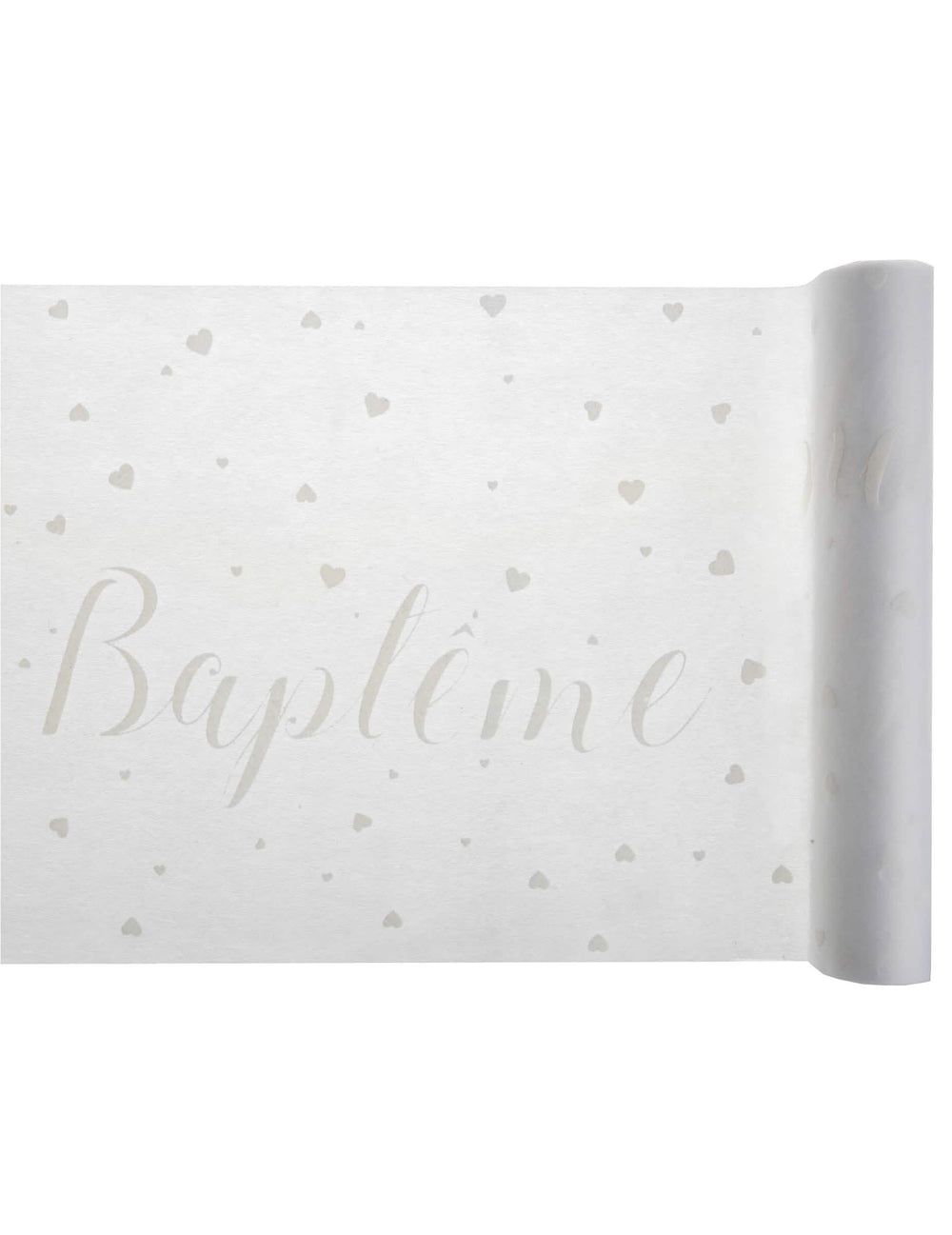 Chemin de table intissé baptême blanc à cœurs gris