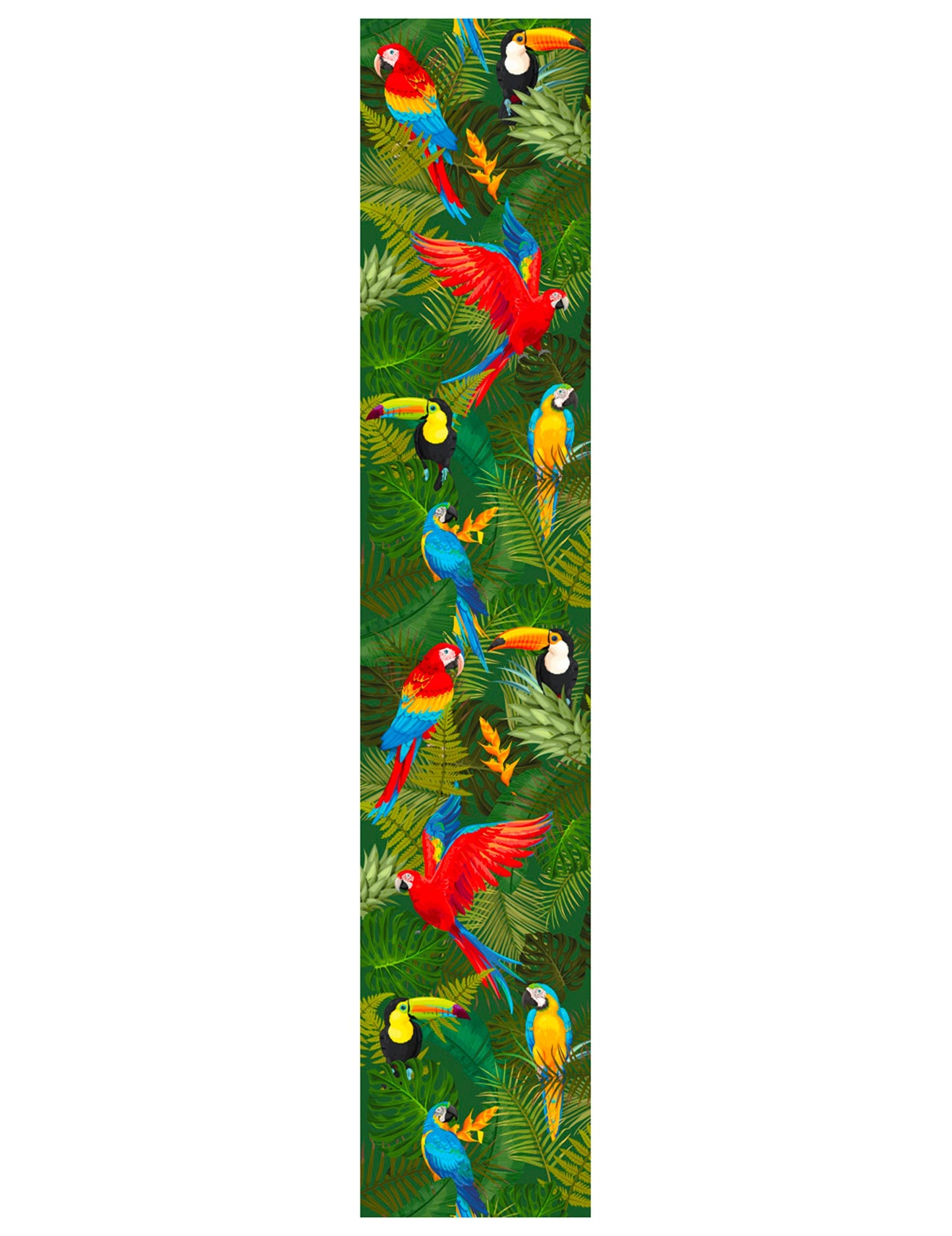 Détail du motif imprimé du chemin de table oiseaux tropicaux toucans et perroquets