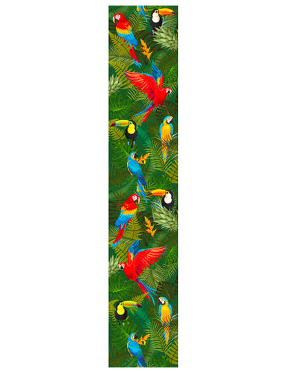 Détail du motif imprimé du chemin de table oiseaux tropicaux toucans et perroquets