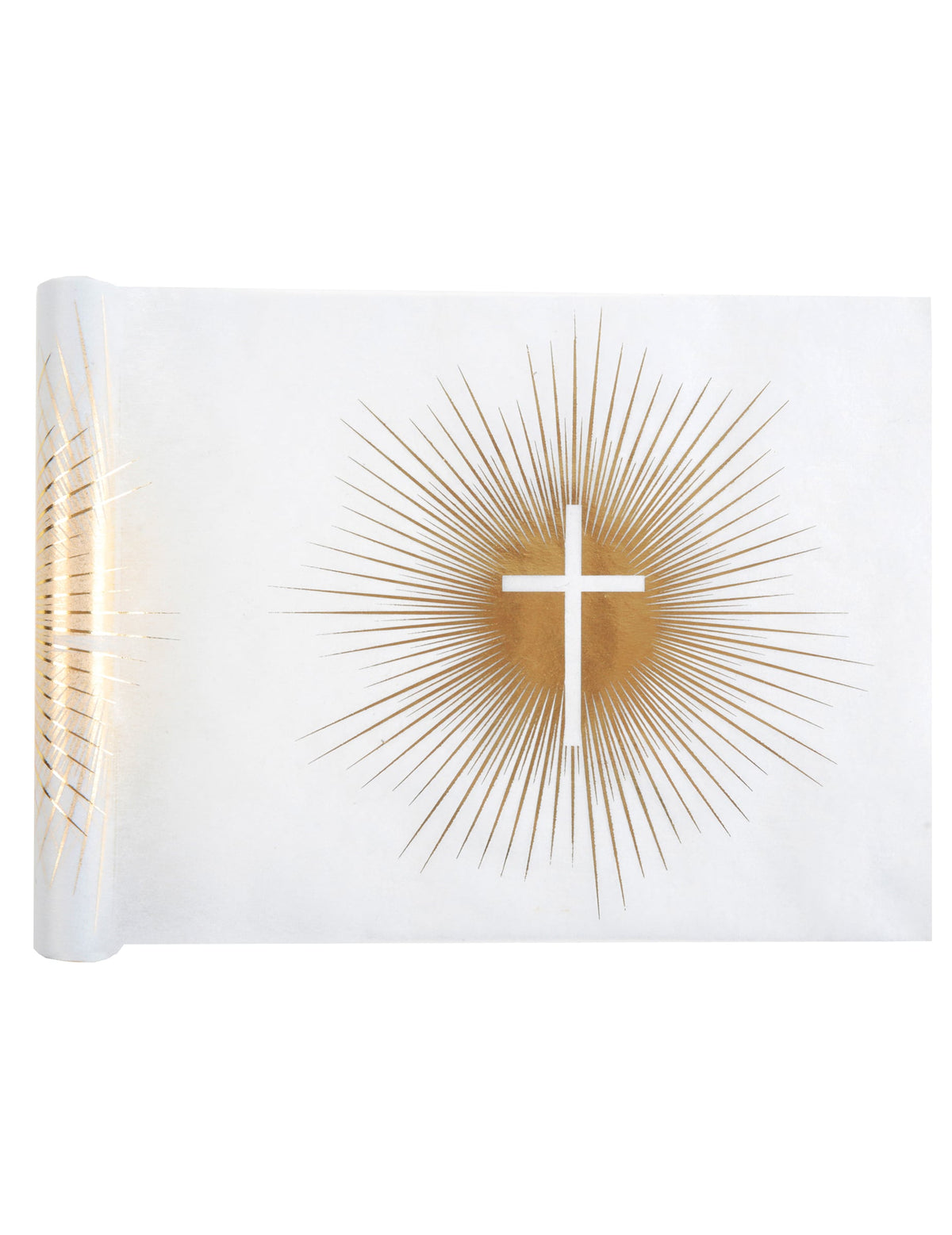 Chemin de table intissé de cérémonie blanc et doré avec croix