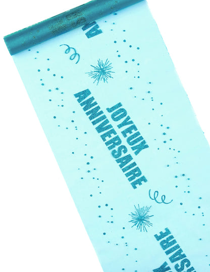 Chemin de table organza joyeux anniversaire turquoise à paillettes