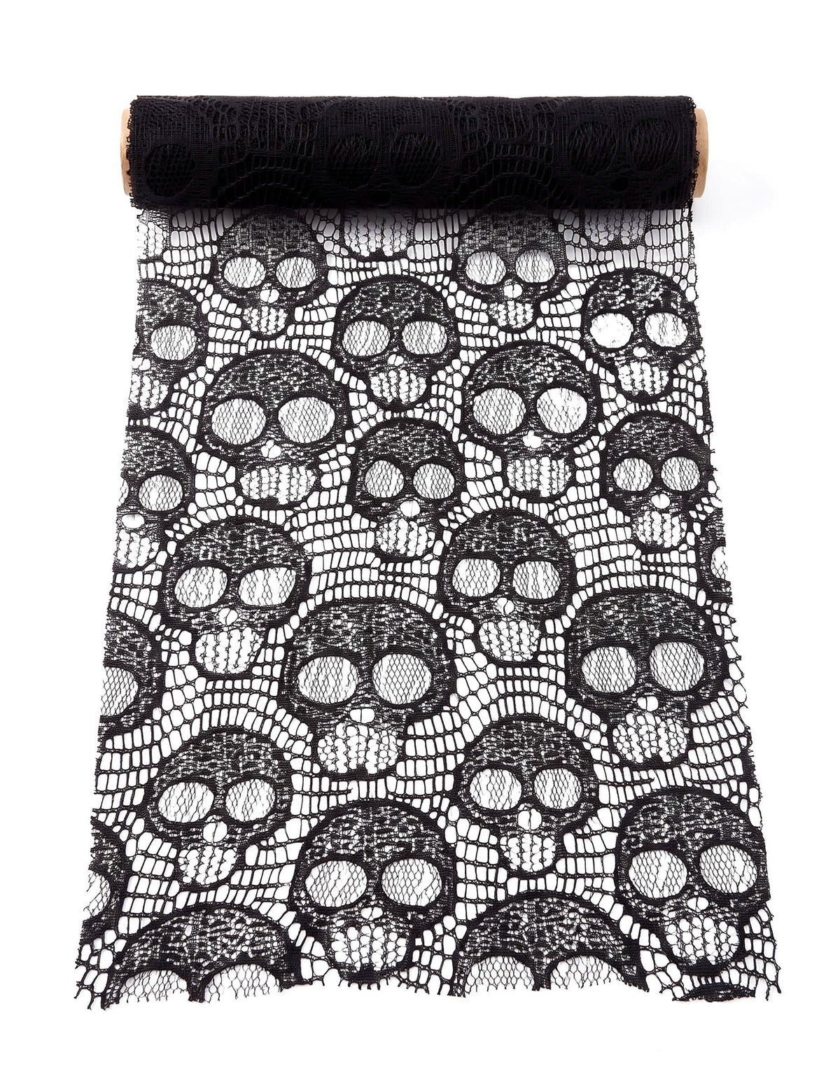 Pääkallo-pöytäliina mustaa pitsiä 28 cm x 3 m