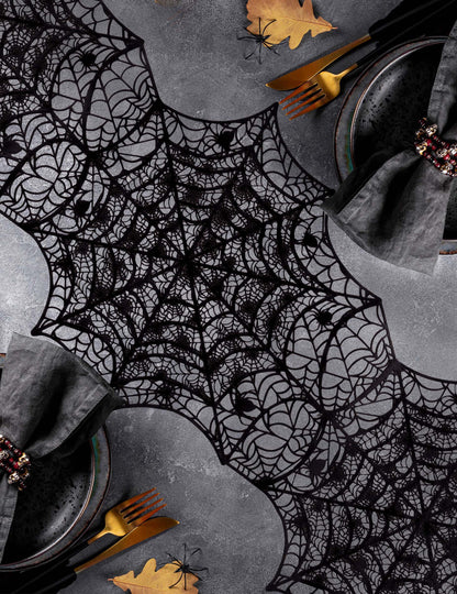 Chemin de table toile d'araignée pour Halloween noir en PVC