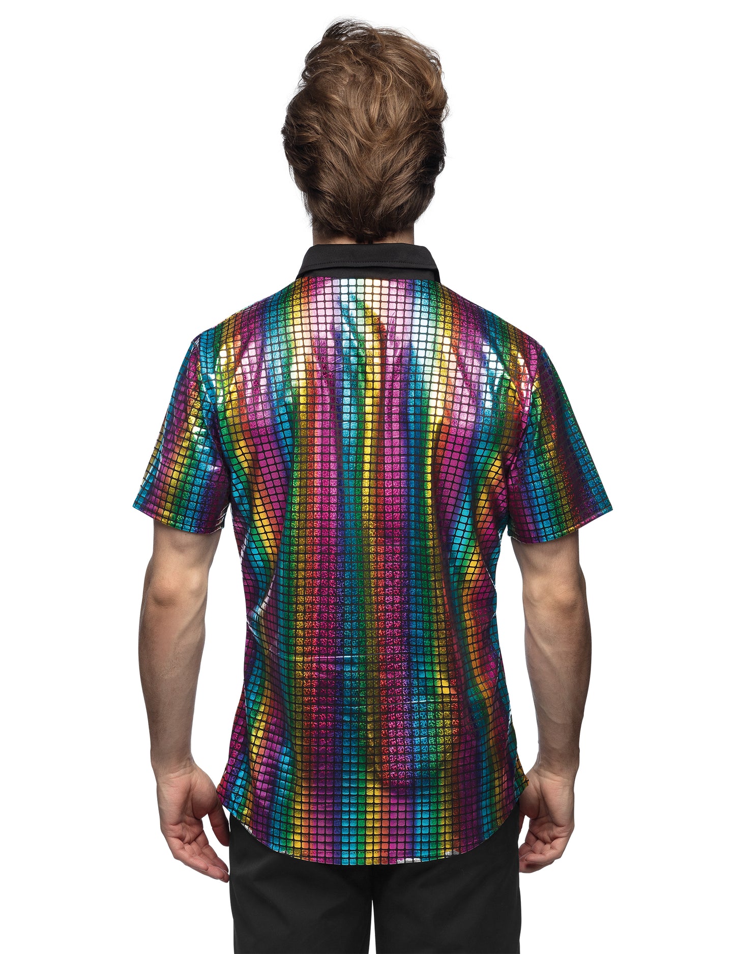 Vue de dos de la chemise boule à facettes disco arc en ciel pour homme