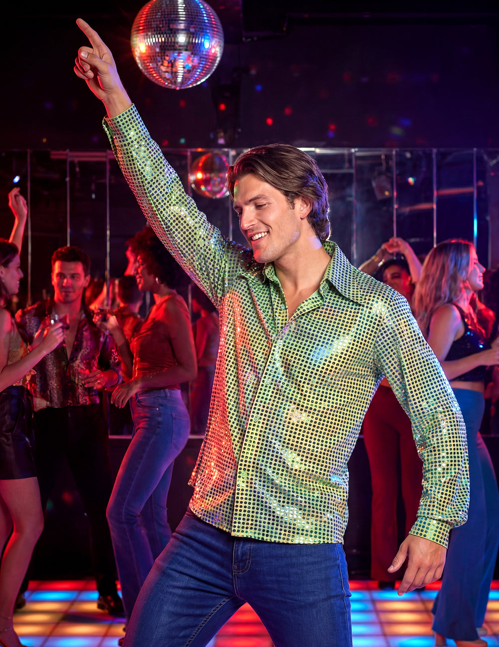 Chemise disco pour homme vert à sequins haut de gamme