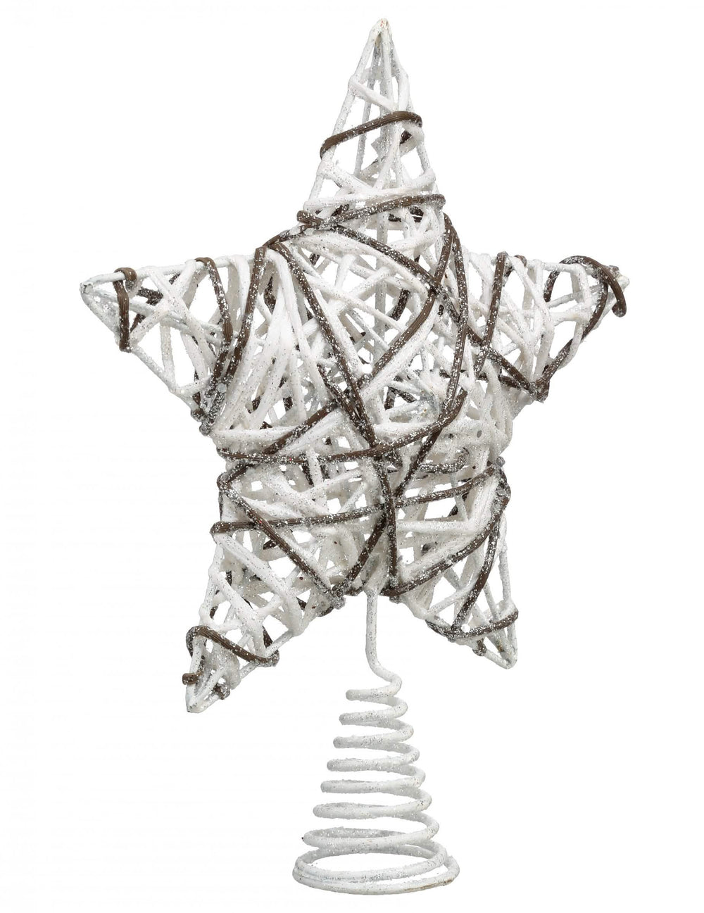 Cimier de sapin étoile en rotin blanc et bois pailleté