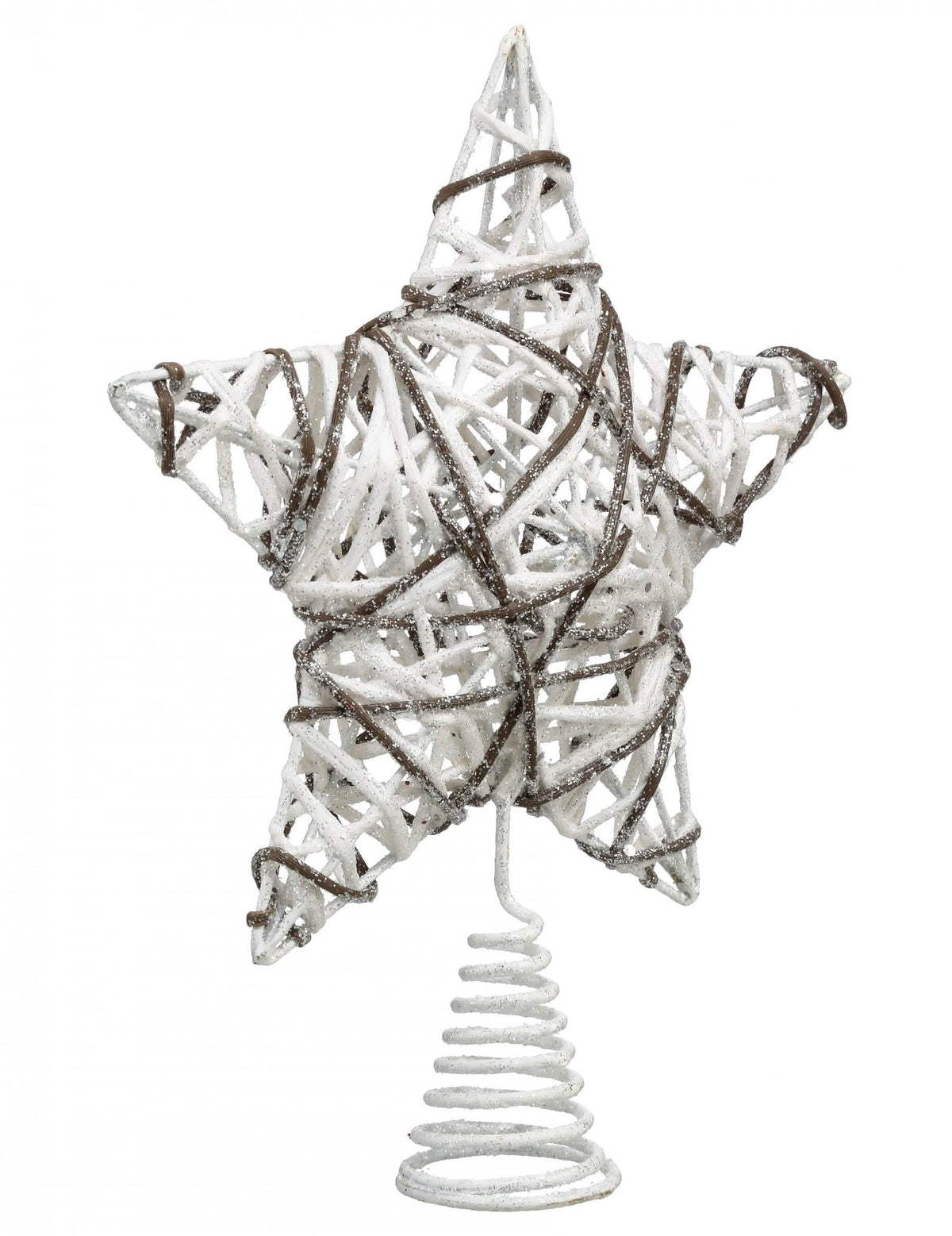 Cimier de sapin étoile en rotin blanc et bois pailleté