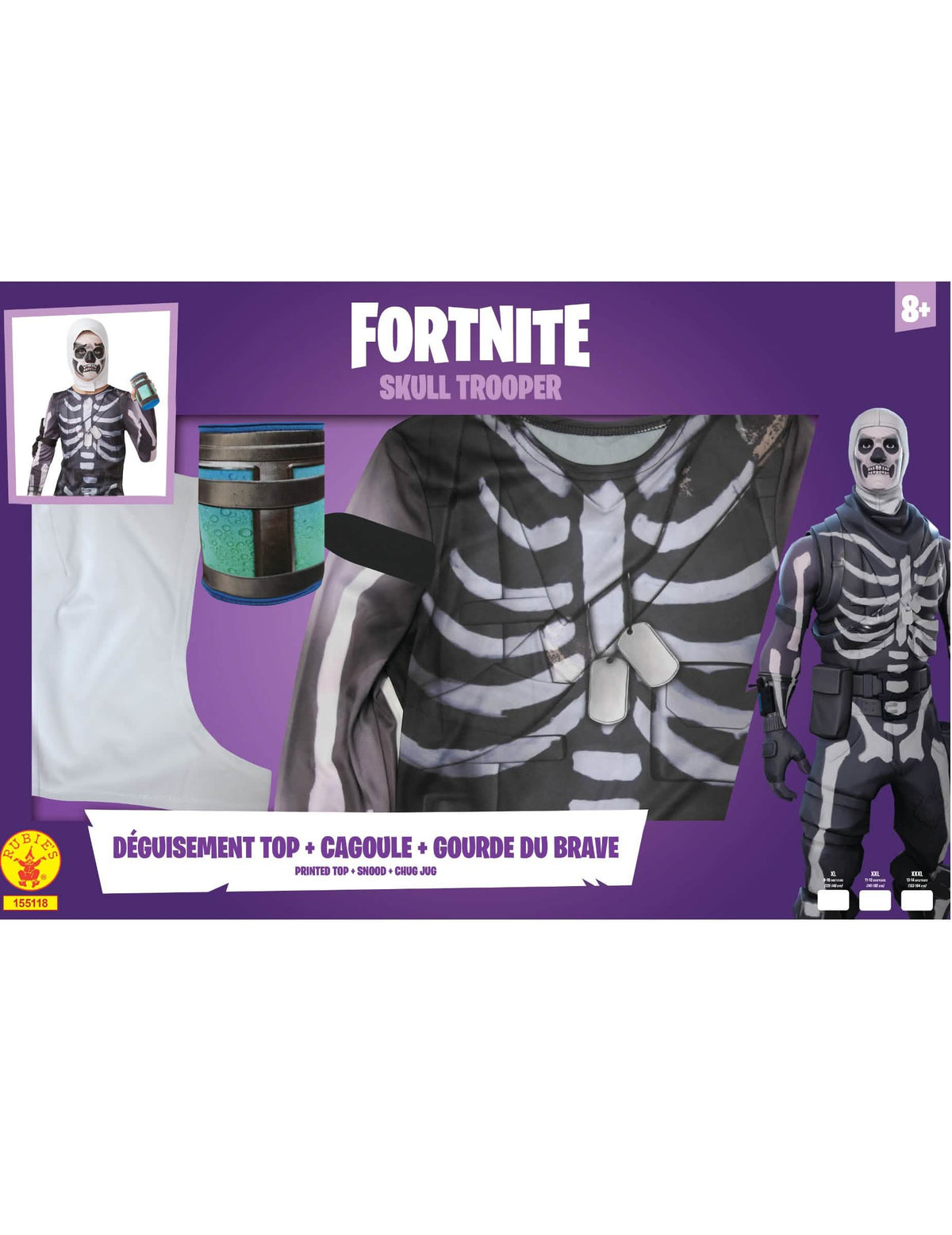 Détails du top de la cagoule et de la gourde du coffret de déguisement Skull Trooper Fortnite