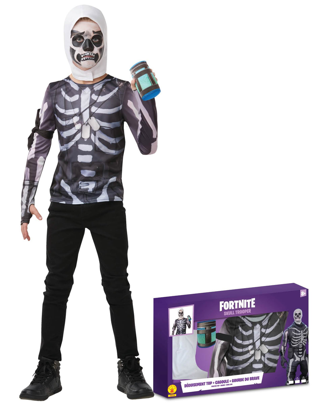 Coffret de déguisement Skull Trooper Fortnite pour adolescent noir et blanc avec cagoule et gourde