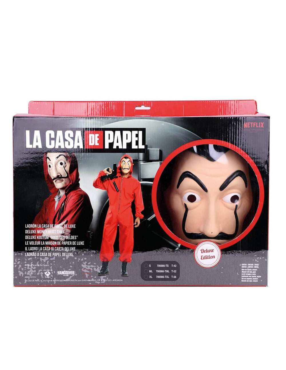 Pakkausnäkymä luksus-asuste- ja maskilaatikosta La Casa de Papel aikuisetille