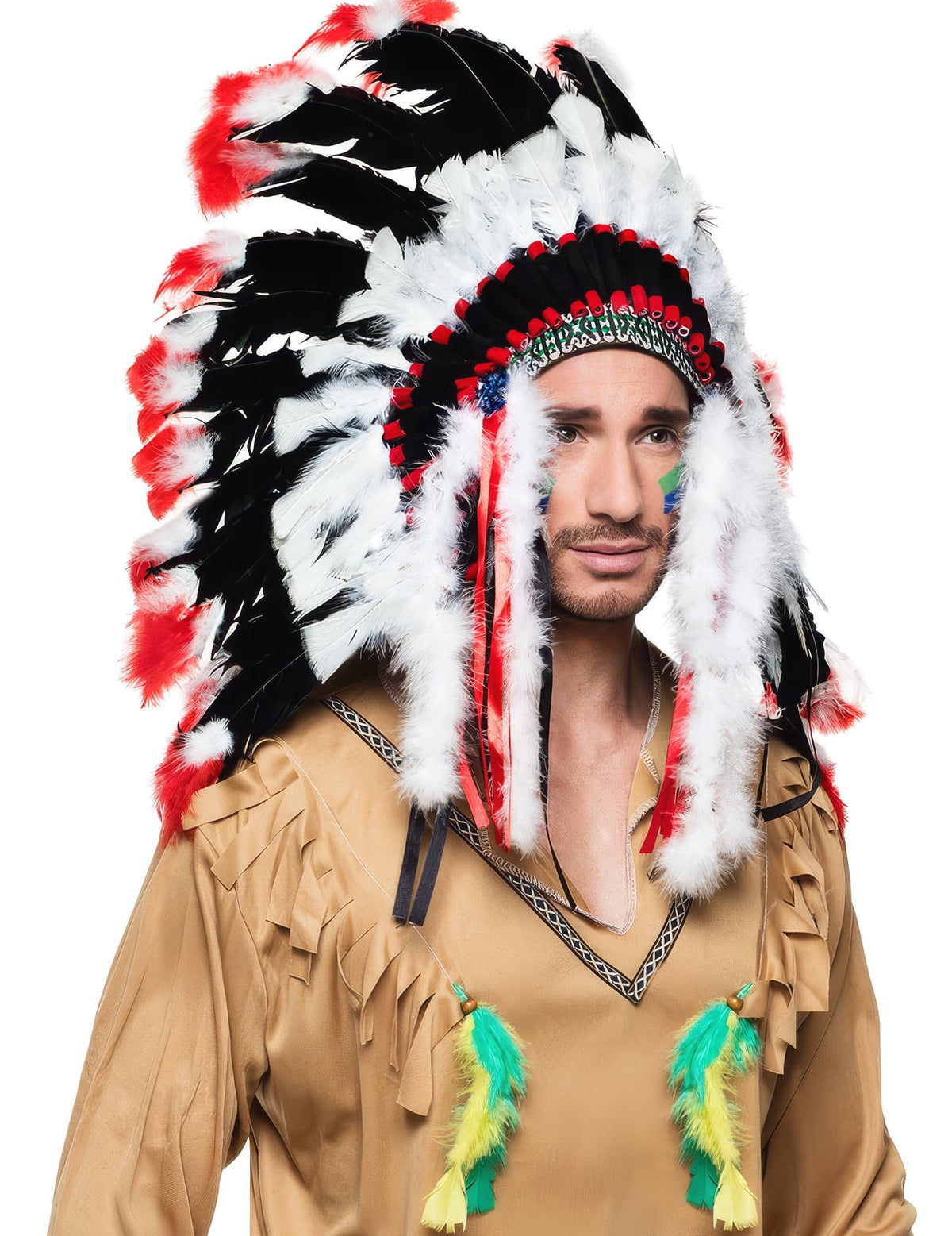 Coiffe d'indien luxe pour adulte noir blanc et rouge
