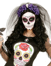 Coiffe fleurs violettes avec tête de mort Dia de los muertos pour femme violette et noire avec voile