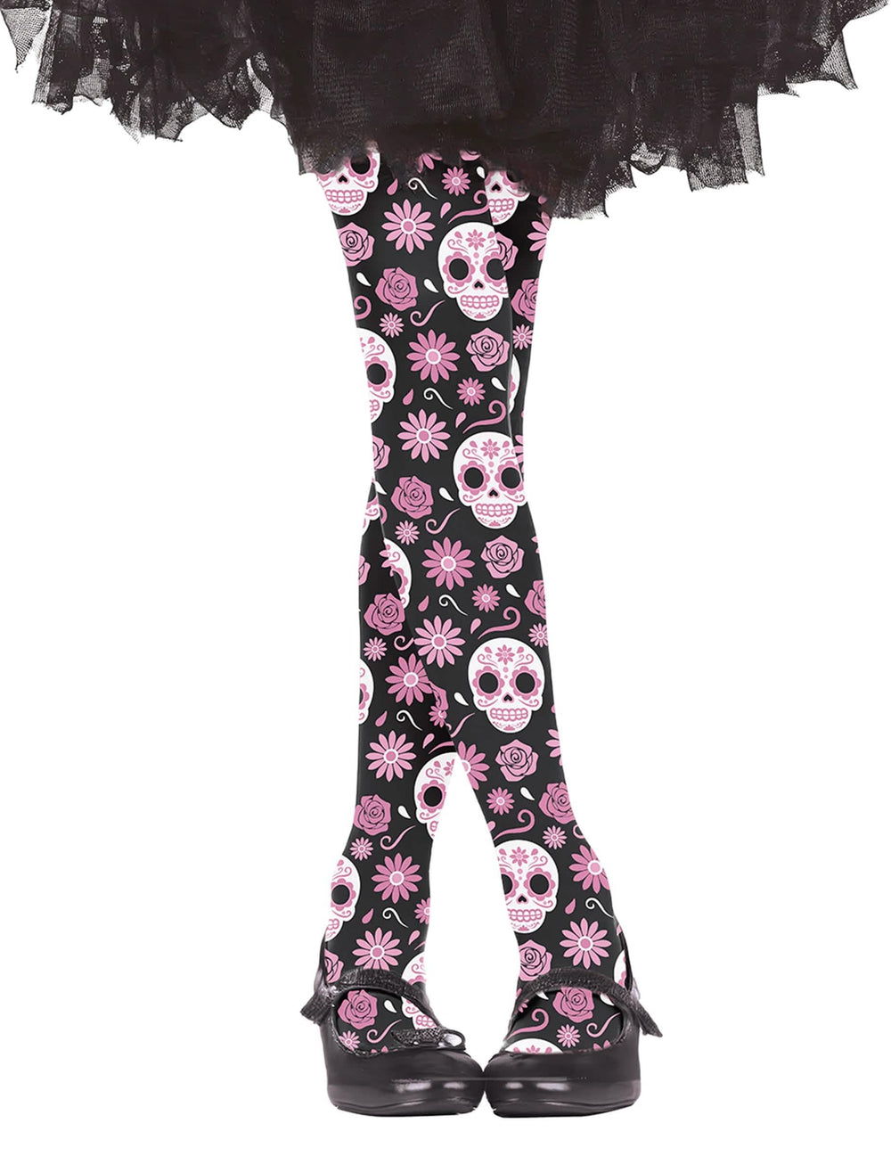 Collants Catrinas pour enfant noir avec têtes de mort roses et blanches