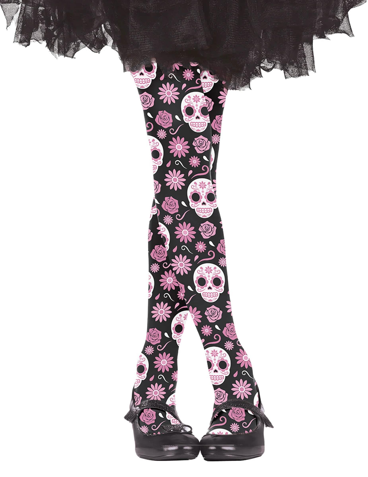 Collants Catrinas pour enfant noir avec têtes de mort roses et blanches