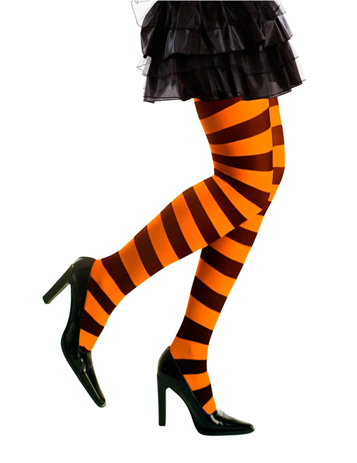 Vue de profil des collants rayés pour adulte orange et noirs