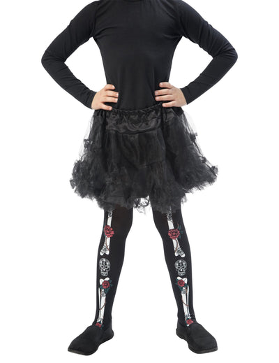 Collants squelette Dia de los muertos pour enfant noir avec motifs d'os et de roses