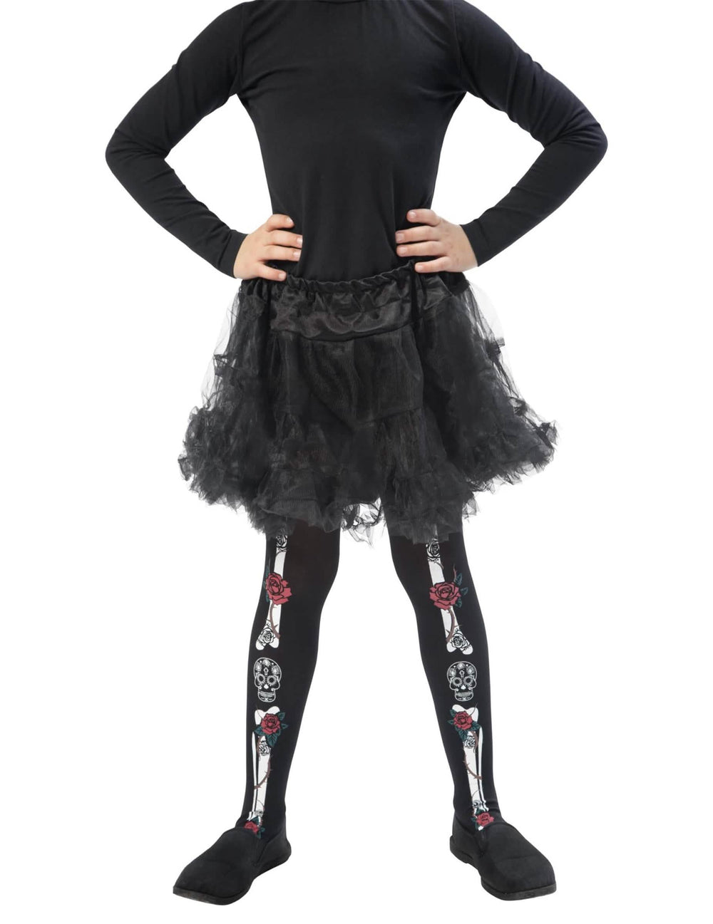 Collants squelette Dia de los muertos pour enfant noir avec motifs d'os et de roses