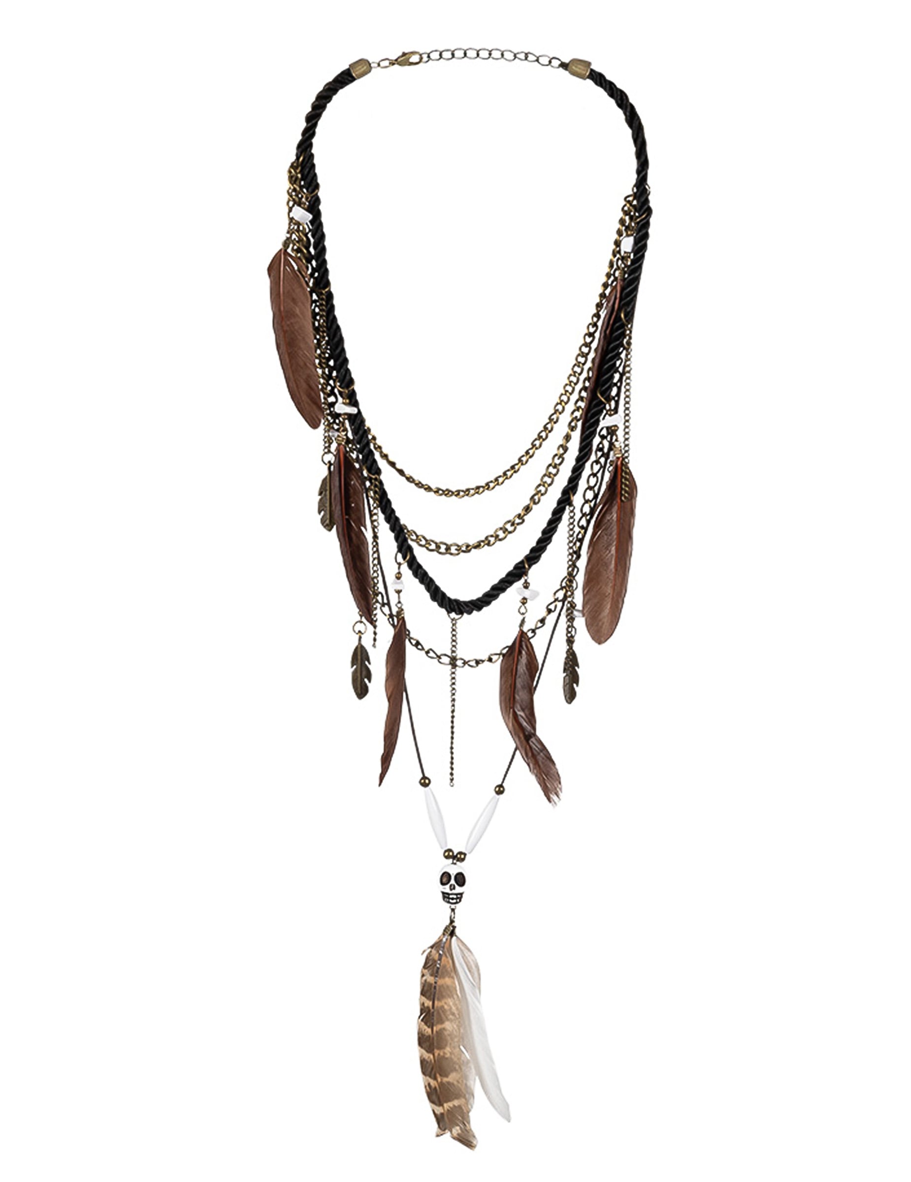 Vue de face du collier vaudou à plumes pour adulte